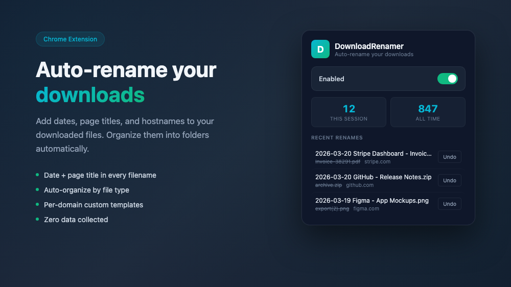 DownloadRenamer popup showing rename history and session stats